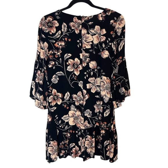 SaltwaterLUXE Black Hibiscus Bell Sleeve Ruffle Hem Mini Dress- Size Medium - Picture 5 of 11